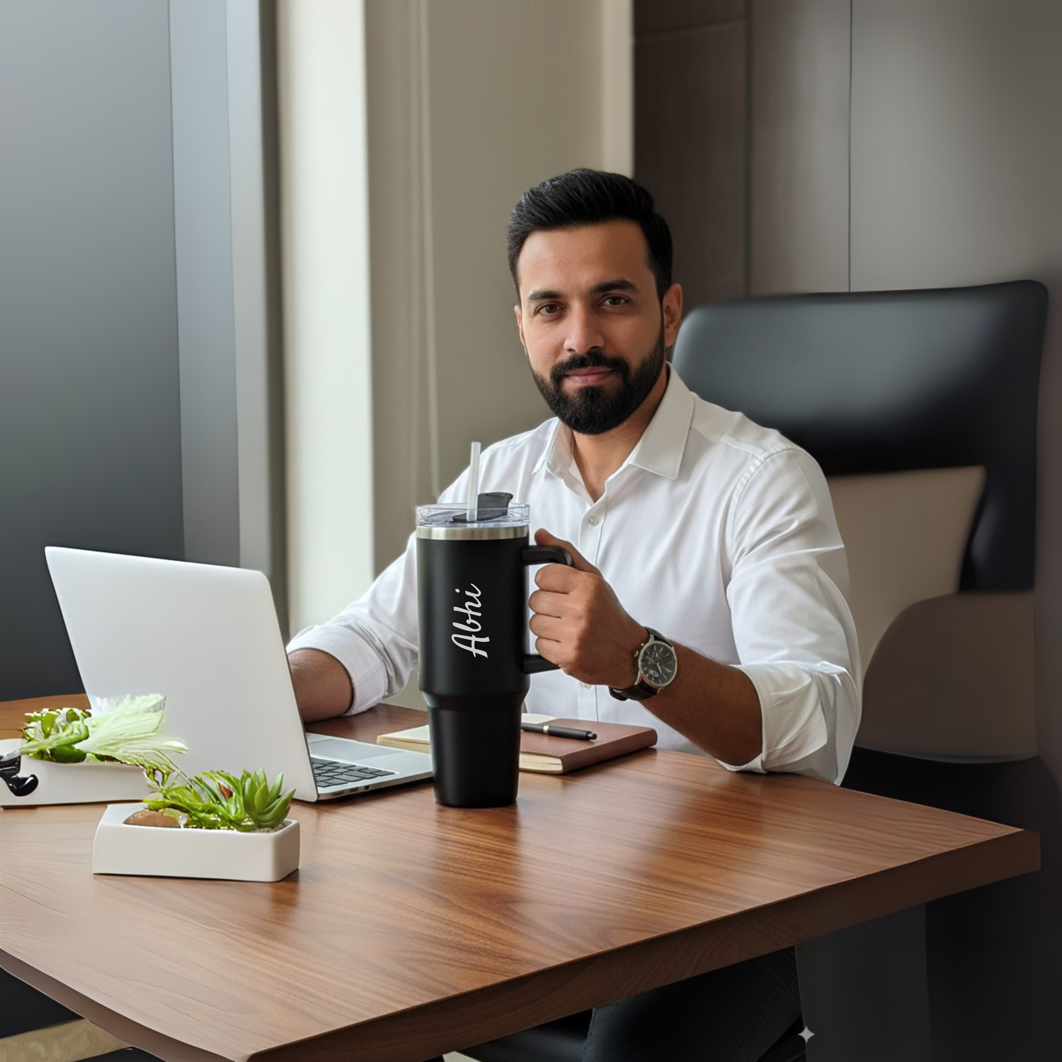 Black Stainless Steel Tumbler with Handle & Straw – 40oz(1200 ml)