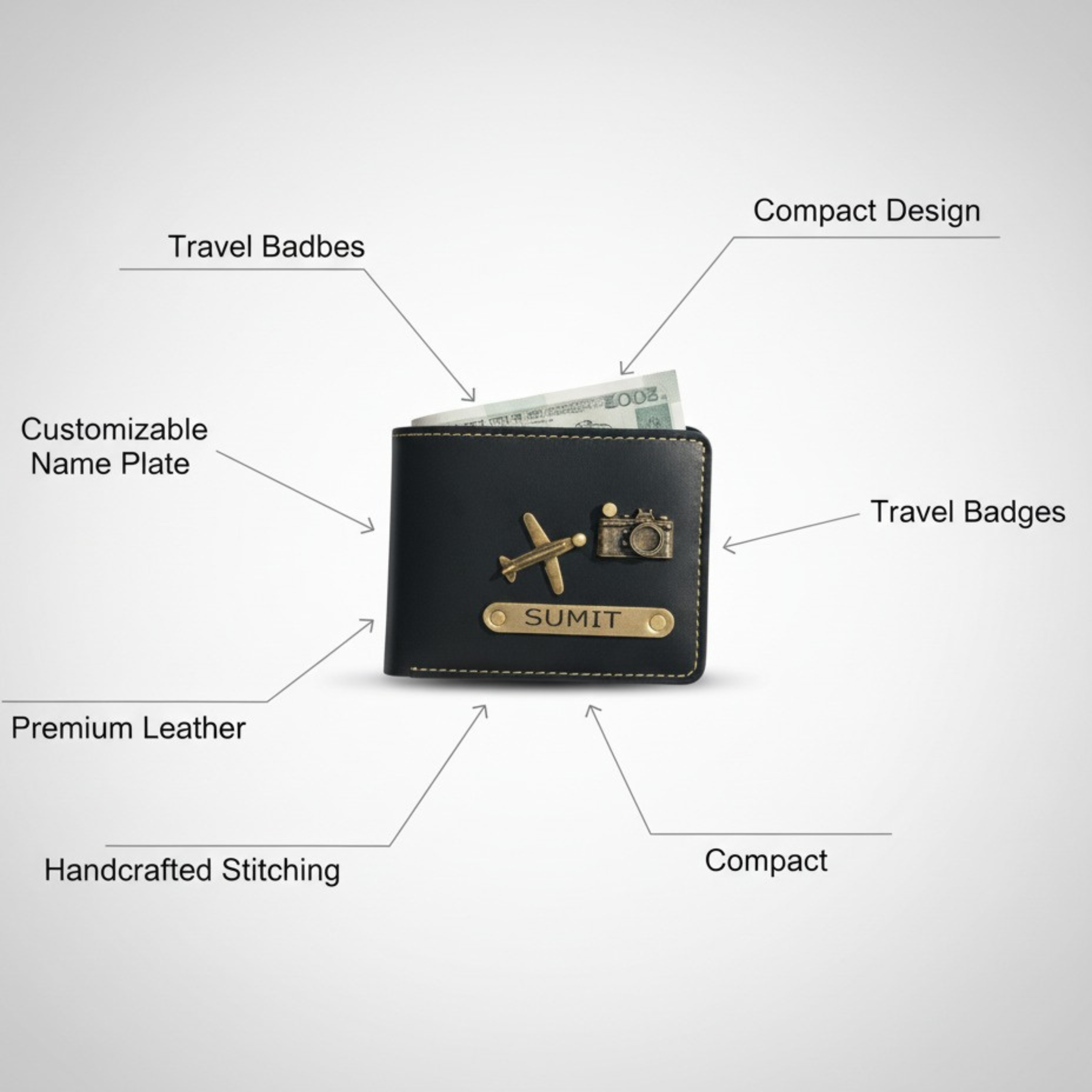 Custom Name Black Wallet with Travel Badges