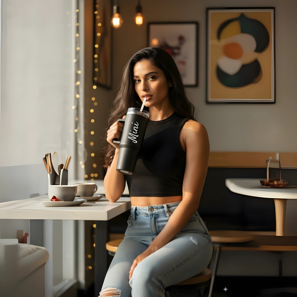 Black Stainless Steel Tumbler with Handle & Straw – 40oz(1200 ml)