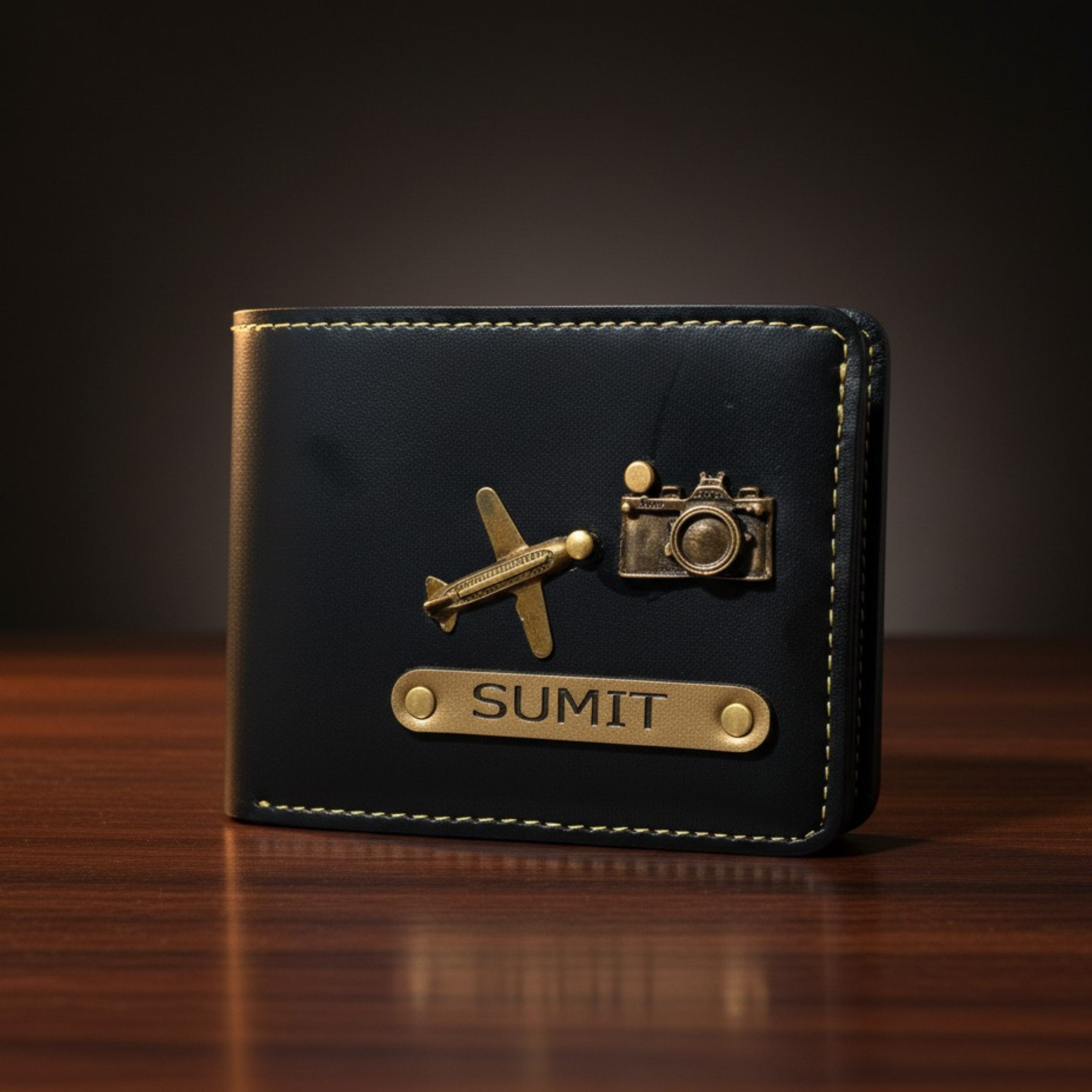 Custom Name Black Wallet with Travel Badges