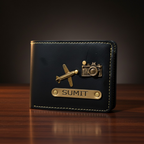 Custom Name Black Wallet with Travel Badges