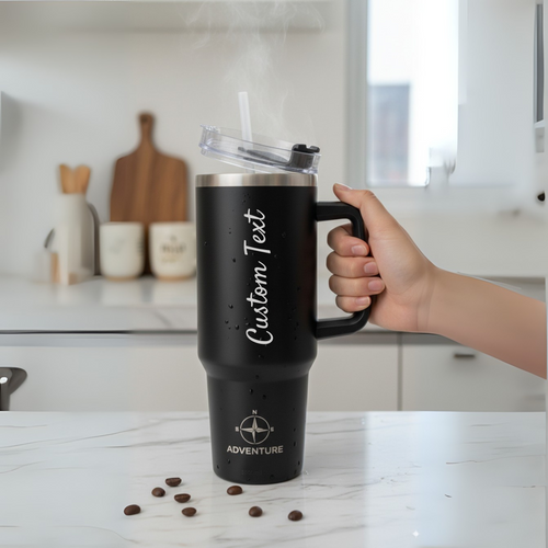 Black Stainless Steel Tumbler with Handle & Straw – 40oz(1200 ml)