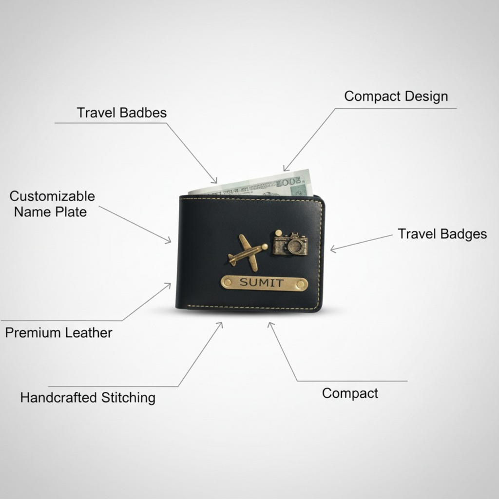 Custom Name Black Wallet with Travel Badges