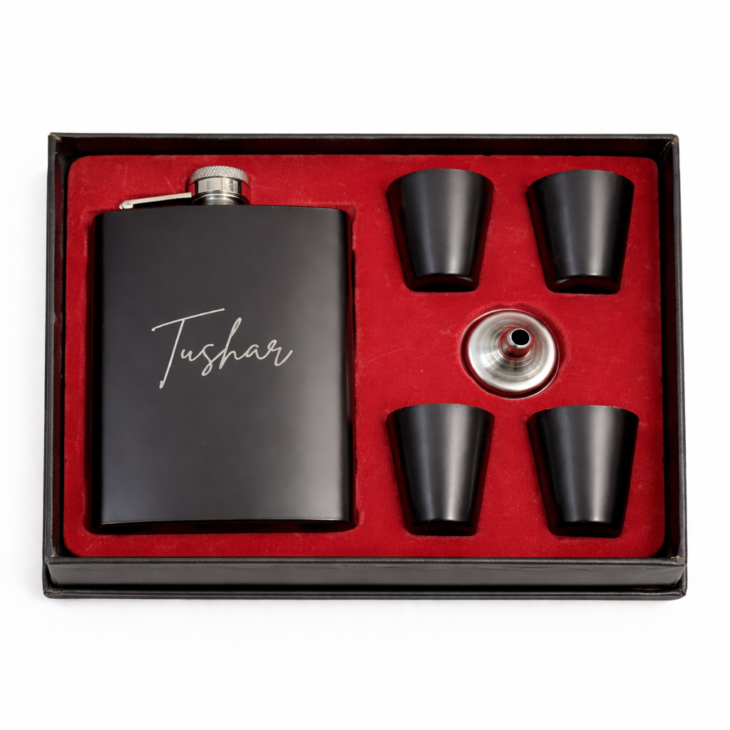 Personalized Matte Black Flask Gift Set (With 4 Glasses & Funnel)