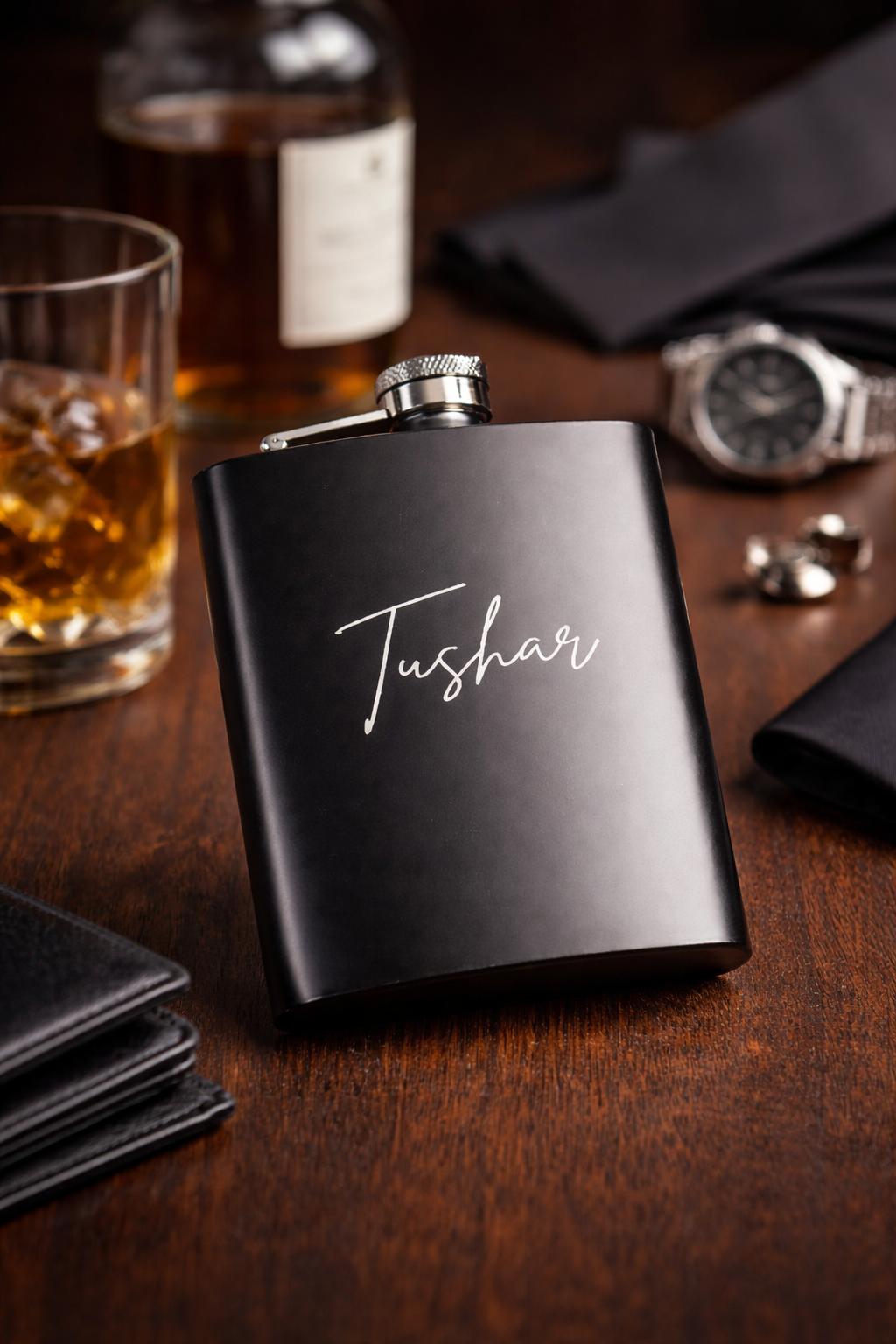Personalized Matte Black Flask Gift Set (With 4 Glasses & Funnel)