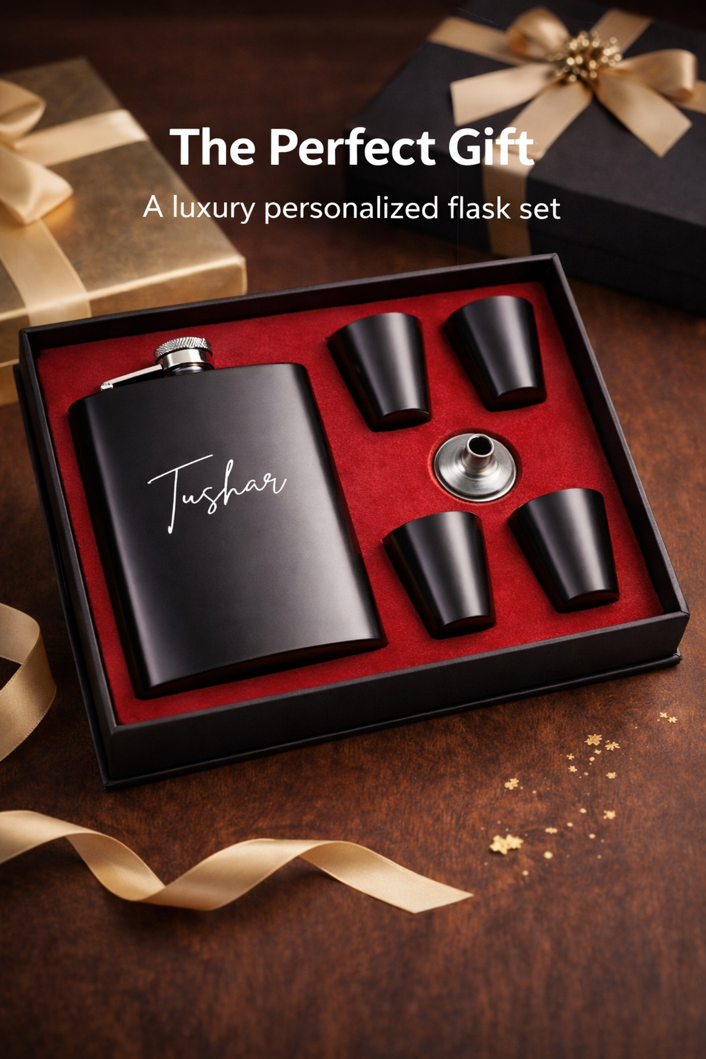 Personalized Matte Black Flask Gift Set (With 4 Glasses & Funnel)