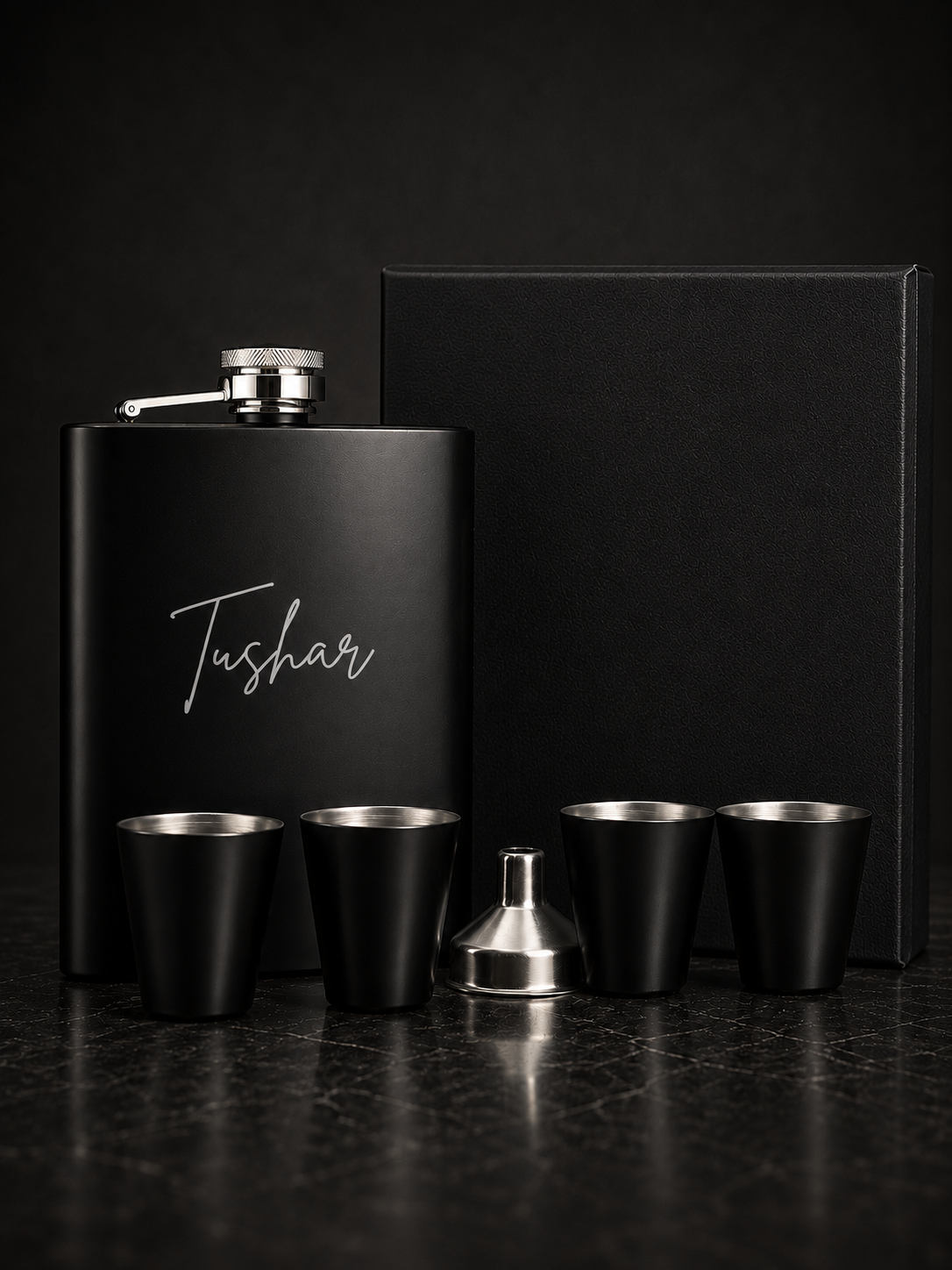 Custom Name Matte Black Flask Gift Set