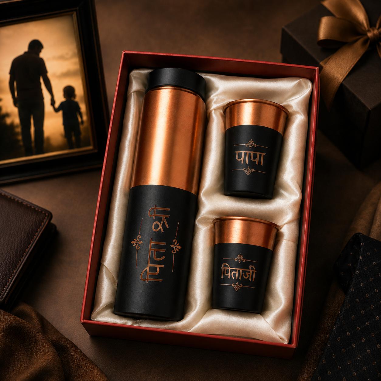 Personalized Father's Day copper bottle and glass gift set in a premium gift box, featuring custom Hindi engraving on the bottle and glasses, perfect gift for Dad.