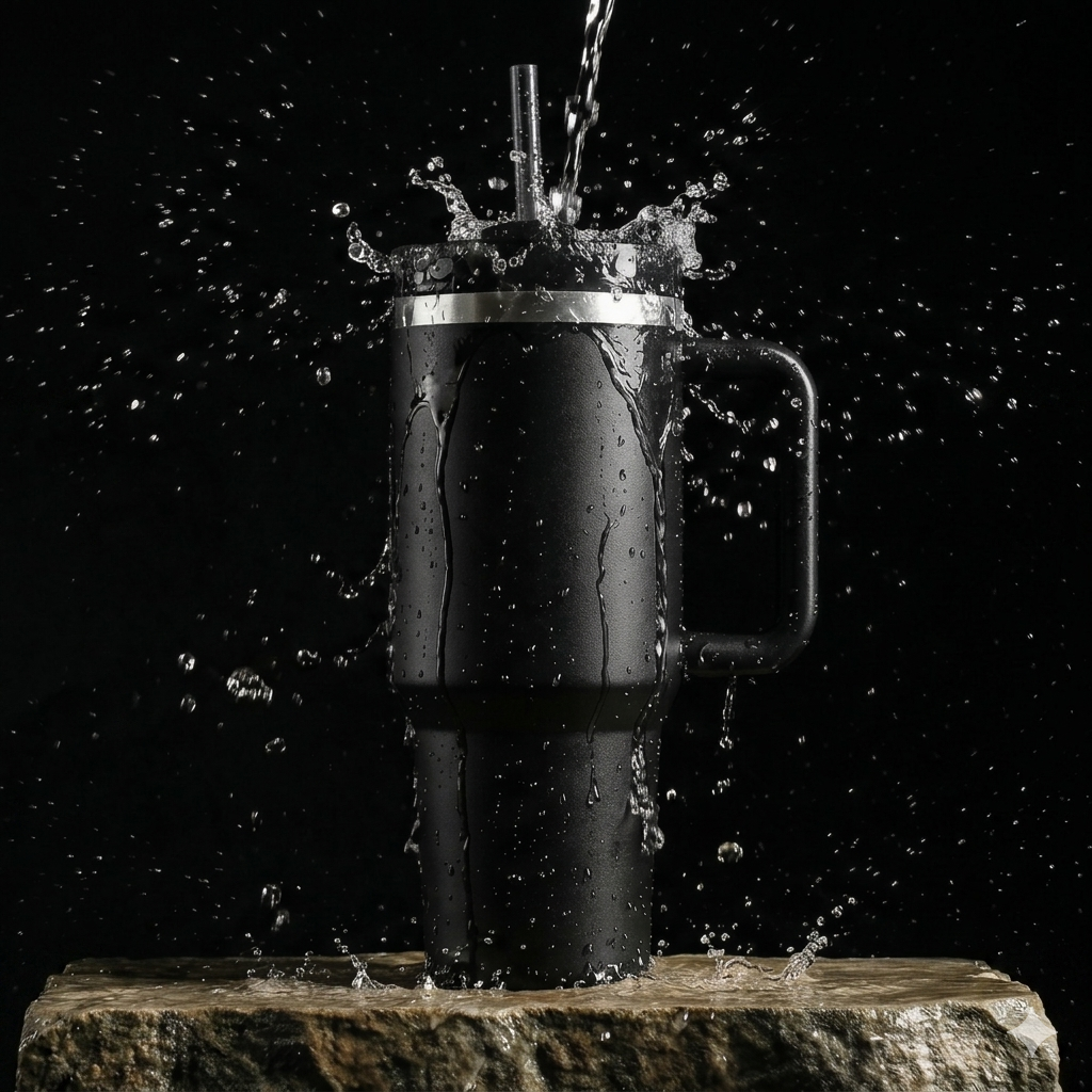 Black Stainless Steel Tumbler with Handle & Straw