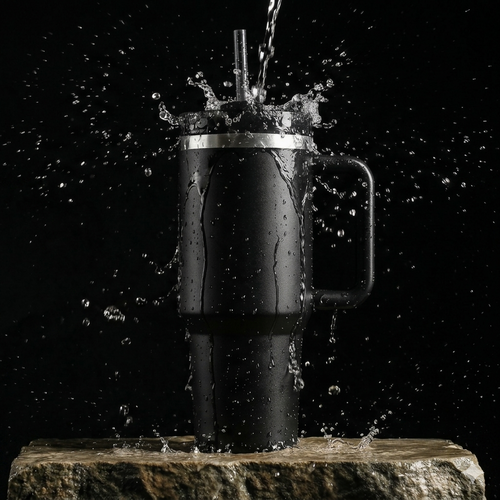 Black Stainless Steel Tumbler with Handle & Straw