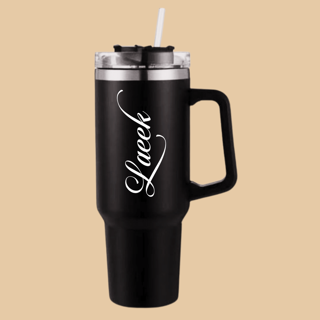 Black Stainless Steel Tumbler with Handle & Straw