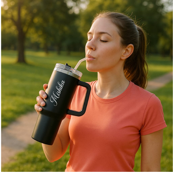 Black Stainless Steel Tumbler with Handle & Straw