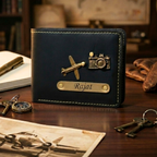 Custom Name Black Wallet with Travel Badges