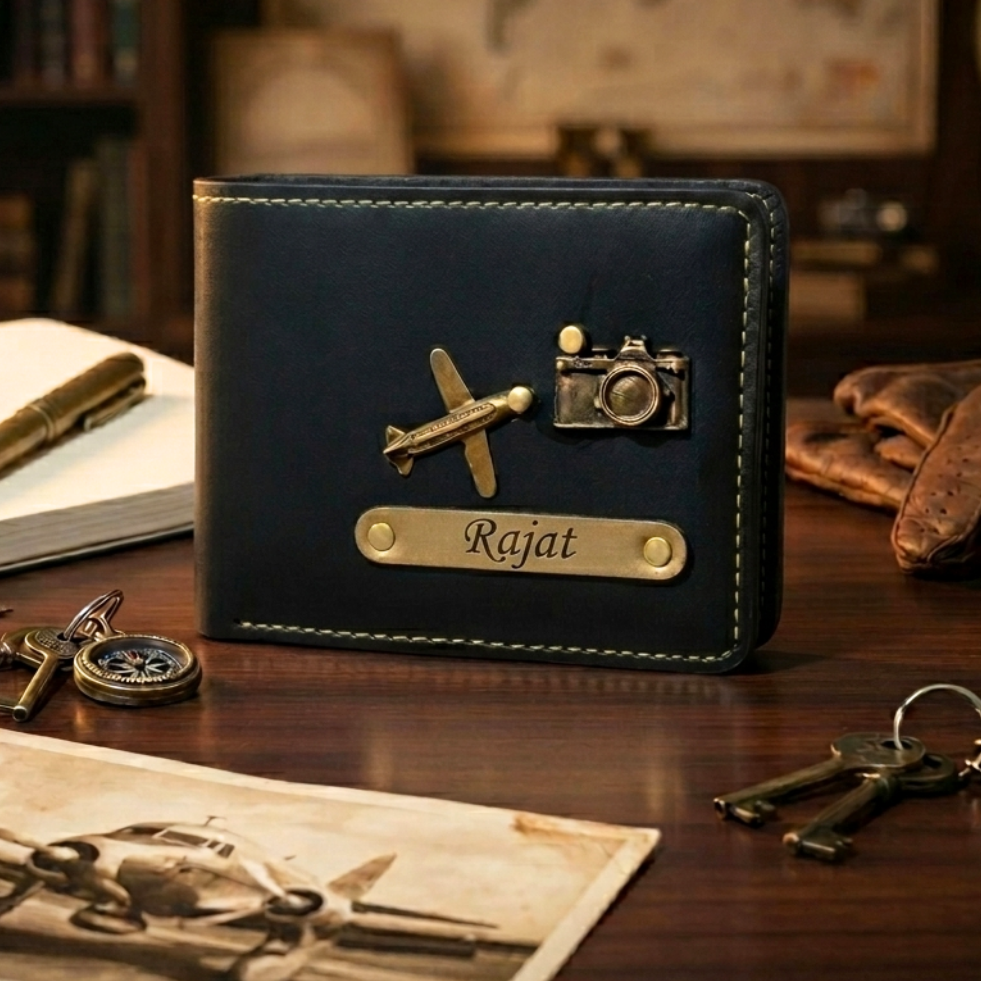 Custom Name Black Wallet with Travel Badges
