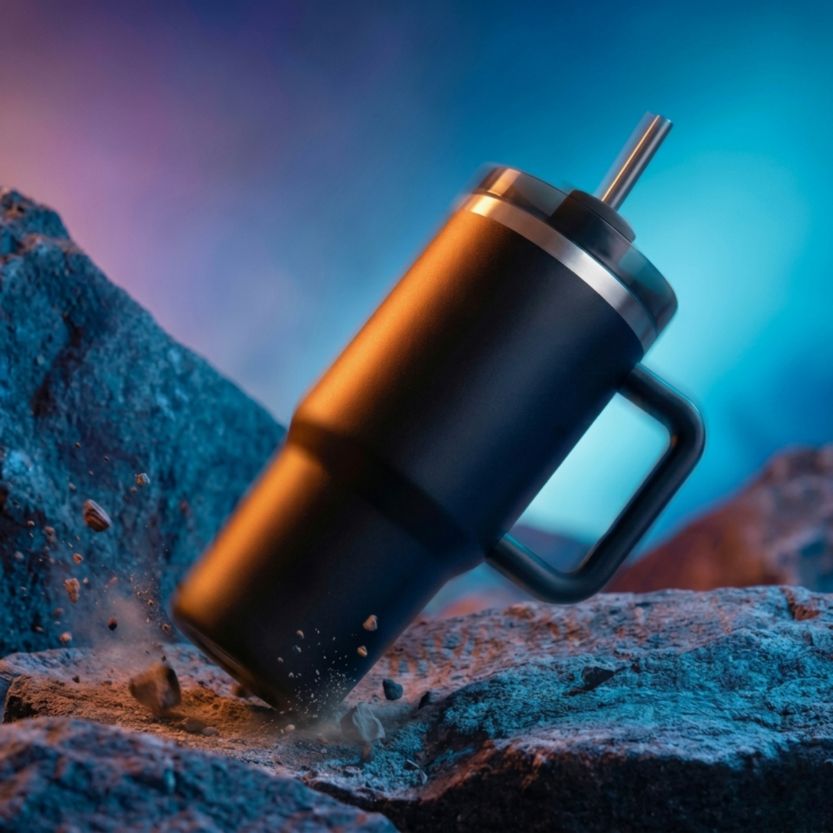 Black Stainless Steel Tumbler with Handle & Straw